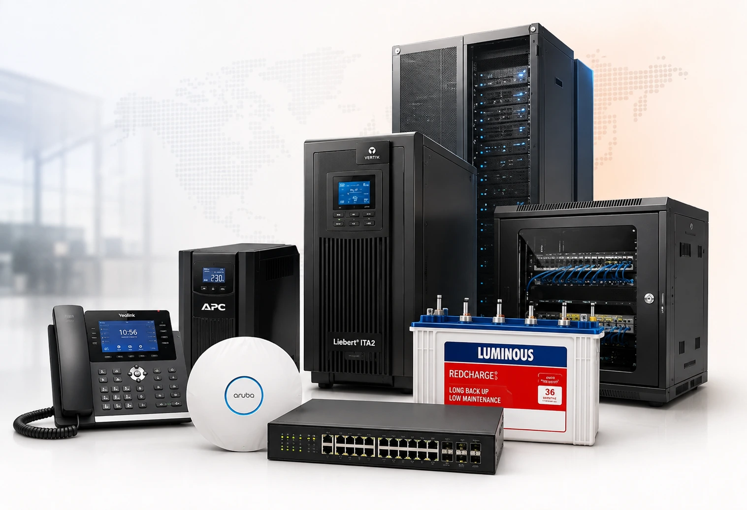 Enterprise UPS, server racks, battery, network switch and business communications equipment