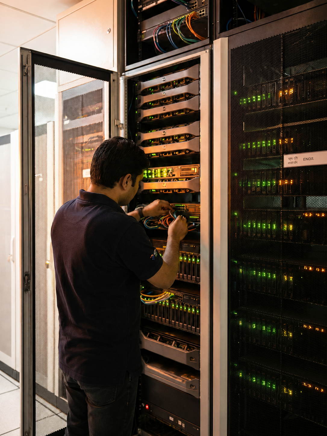 IT engineer working on networking equipment in a server rack